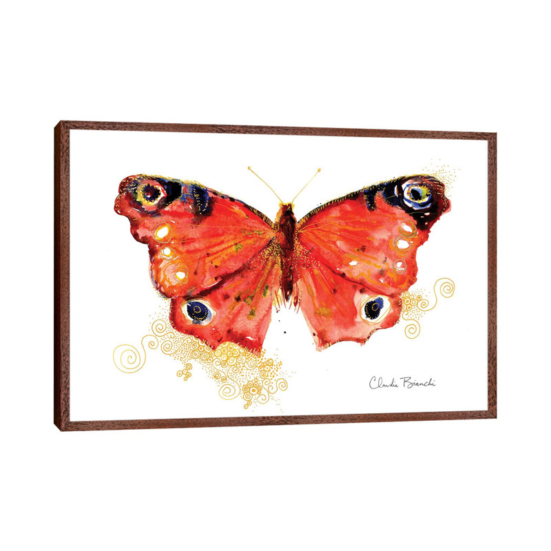 Butterfly In Gold by Claudia Bianchi - Painting on Canvas, Classic Brown Wood Framed, 66.04cm H x 101.6cm W x 3.81cm D