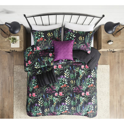 Édredon pour lit double / grand, 5 pièces, noir avec impression botanique, 2 taies décoratives, coussins décoratifs, lavable à la machine, grand / grand, gracieux, assorti,