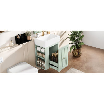 Meuble-lavabo moderne de 20 pouces avec lavabo en céramique, tiroir et tablette d'armoire à compartiment ouvert latéral pour les petites salles de bain