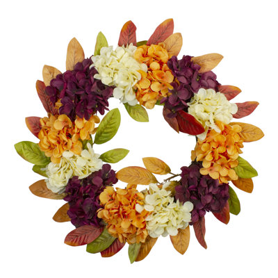 Hydrangeas and Leaves Twig Artificial Floral Wreath Orange 20-Inch
