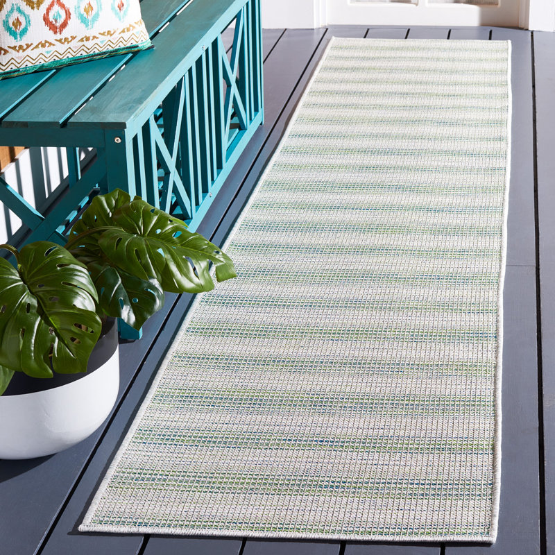 Tapis intérieur / extérieur blanc / vert Adreian, Tapis de couloir 2 pi x 9 pi
