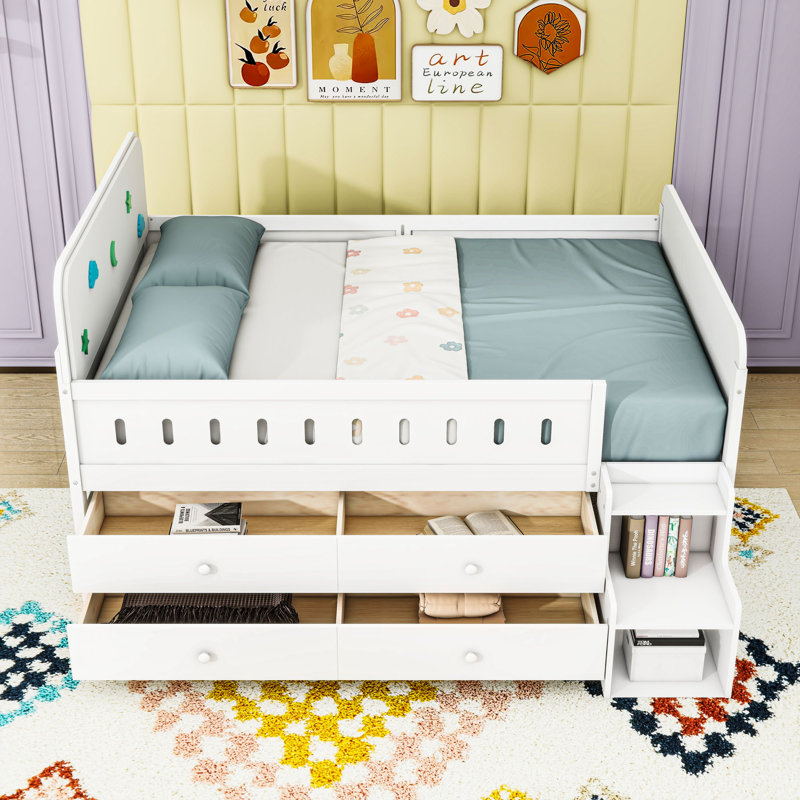 Lit double en bois avec lumière DEL et tiroirs de rangement, Blanc