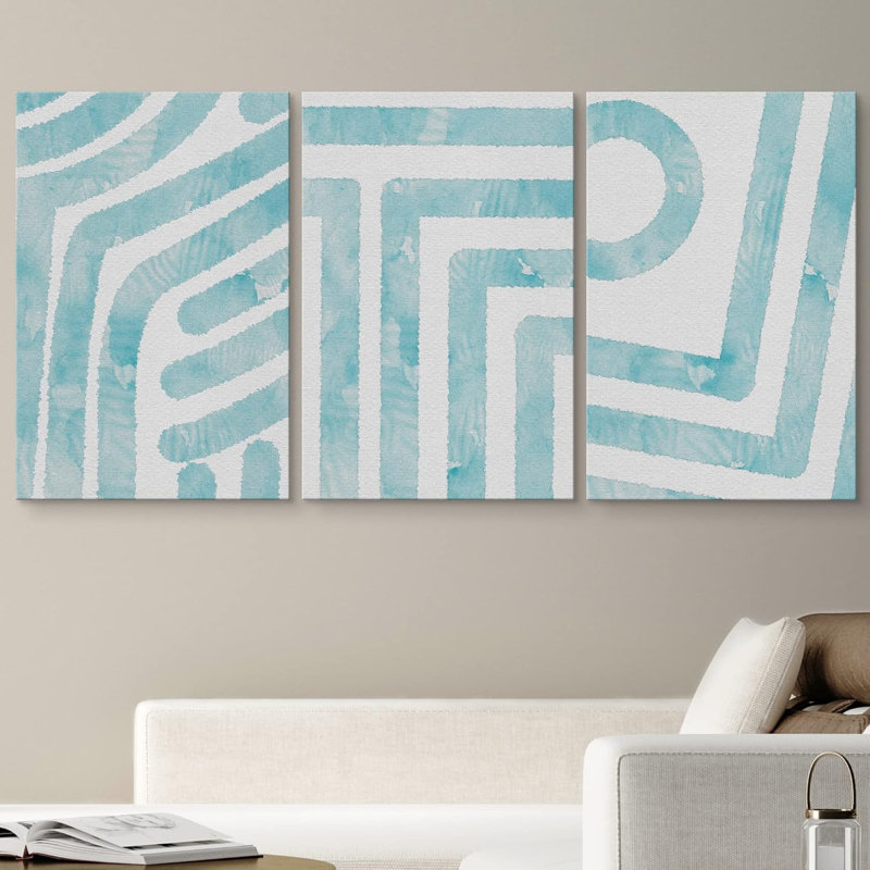 Ensemble de 3 motifs géométriques sur fond bleu sarcelle et blanc délavé, collage Mid-Century moderne sur toile, Toile tendue