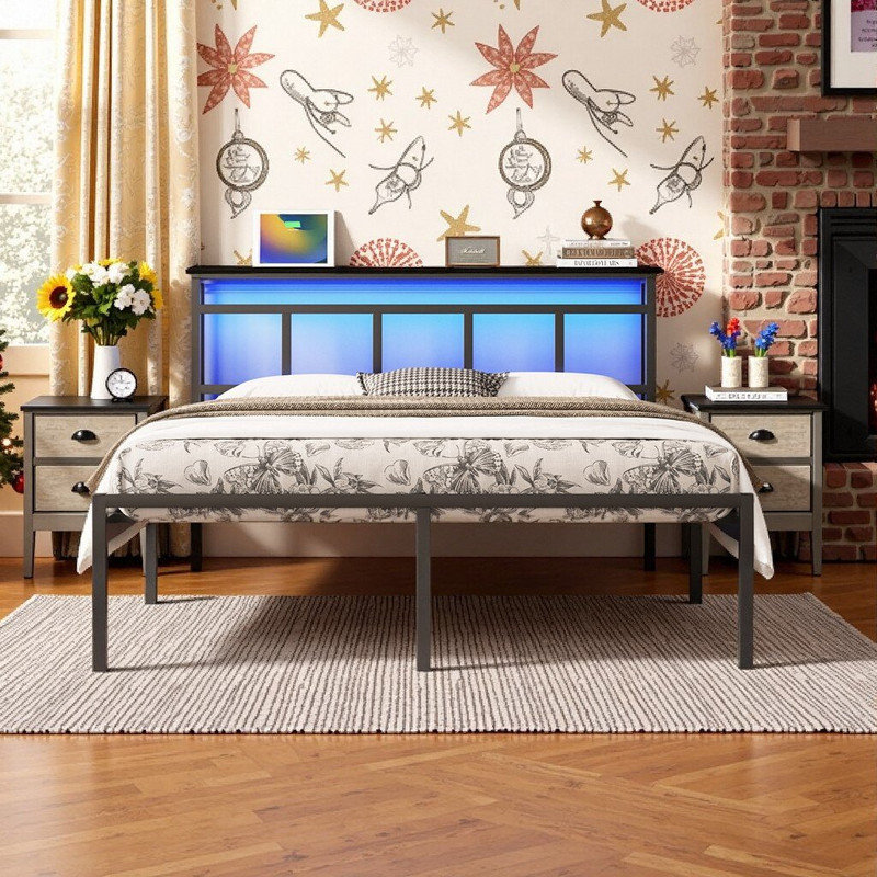 Lit simple / double / grand lit avec tête de lit, base de lit en métal avec ports USB-C et éclairage DEL, Lit double