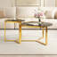 Ensemble de deux tables basses gigognes rondes au style glamour moderne, avec structure en métal doré et plateaux en verre noir.-1282441092-1282441094