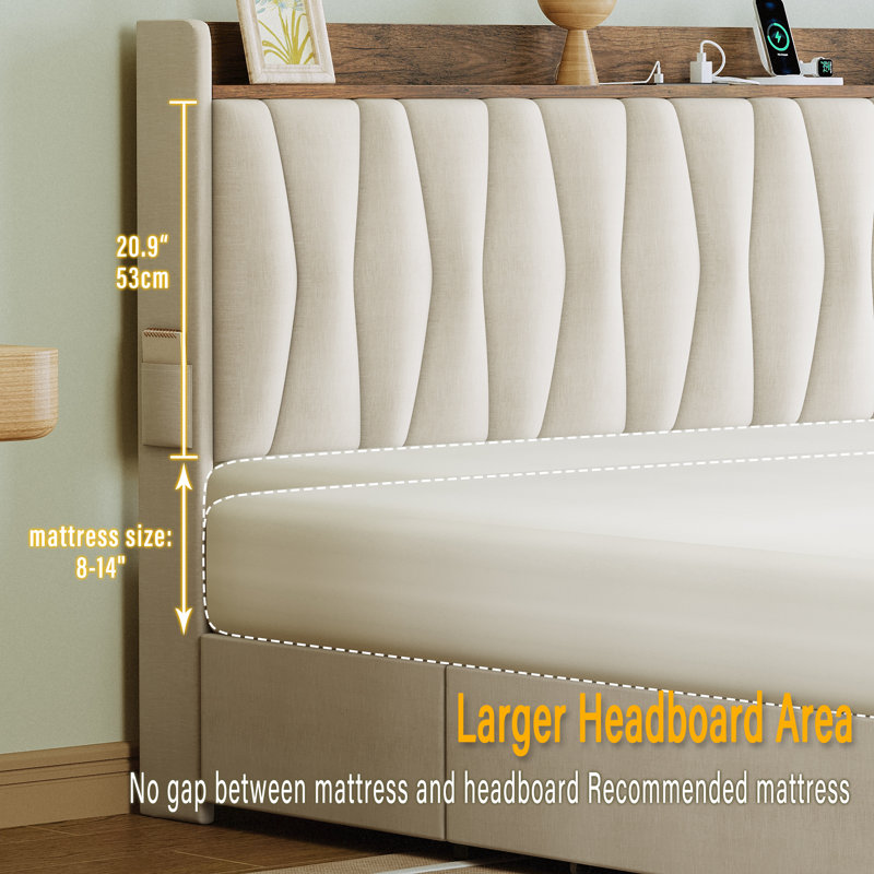 Upholstered Bed Frame with 3 Drawers, Bed with Storage Headboard and Charging Station