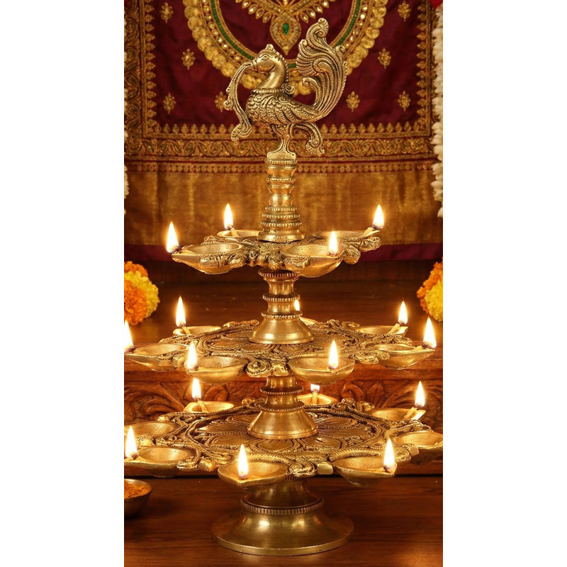 11" Three Layer Brass Peacock Lamp – Handmade Multi-Tier Indian Diya Sculpture for Temple, Altar & Artistic Home Décor