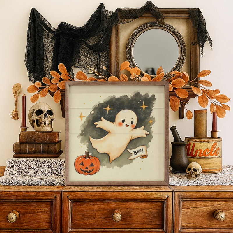 Cute Ghost With Banner, 16" H x 16" W