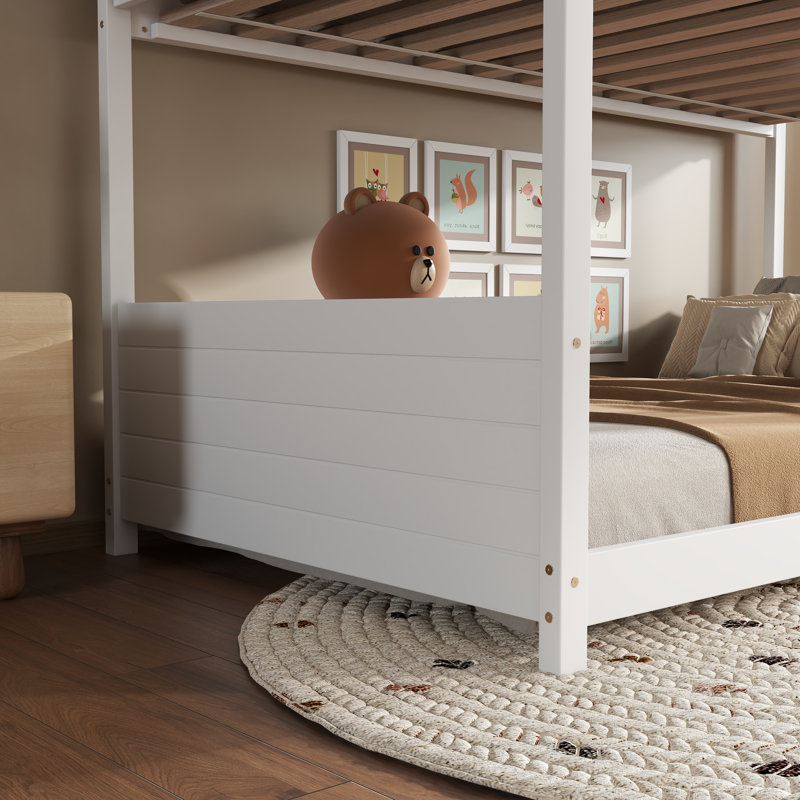 Lit superposé simple de style maison avec barrières de sécurité et échelle intégrée, Blanc