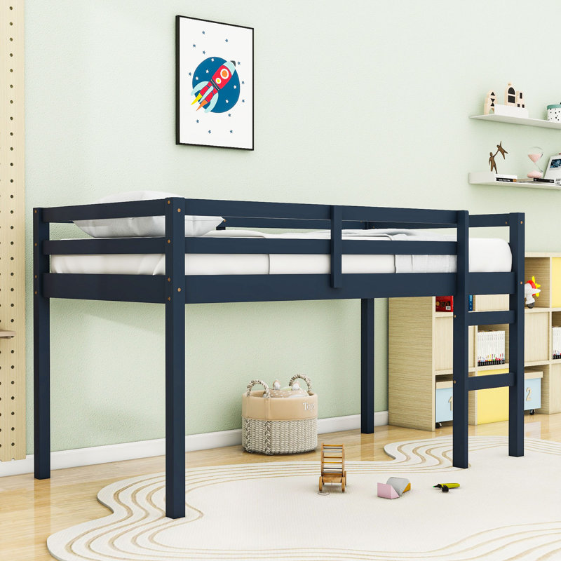Lit mezzanine simple en bois avec échelle et garde-corps, Bleu