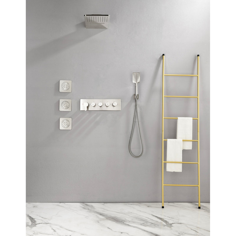 Brushed Nickel Shower With 3 Body Sprays & Handheld, Wall Mounted For Modern Bath Style In Natural Rainfall Simulation