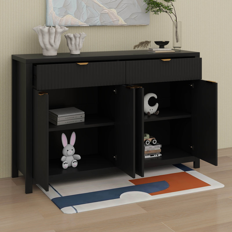 Modern Wave-Pattern Sideboard Cabinet With 2 Drawers & 4 Doors, Black