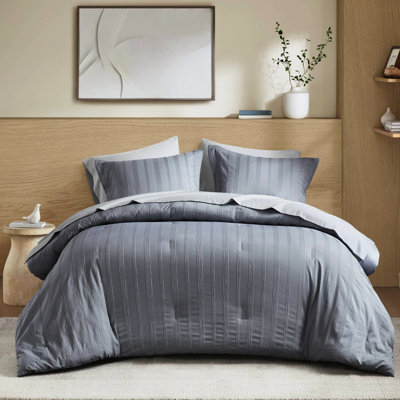 Édredon 7 pièces à rayures tissées, esthétique gris doux, rembourrage respirant et feuilles froissées pour dortoir avec espaces invités en microfibre de ton