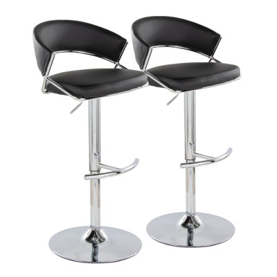 Jie Contemporary Adjustable Barstool With Swivel In Chrome Metal And Black Faux Leather With Rounded T Footrest By Lumisource - Set Of 2