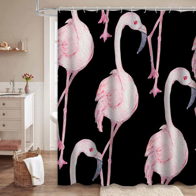 Watercolor Flamingo Birds Floral Tropical Greeting Shower Curtain with 12 Hooks