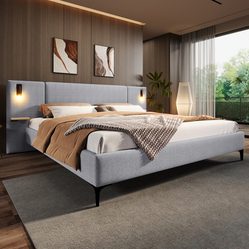 Lit tapissier Chic Linen avec lumières et tablettes intégrées, Grand lit