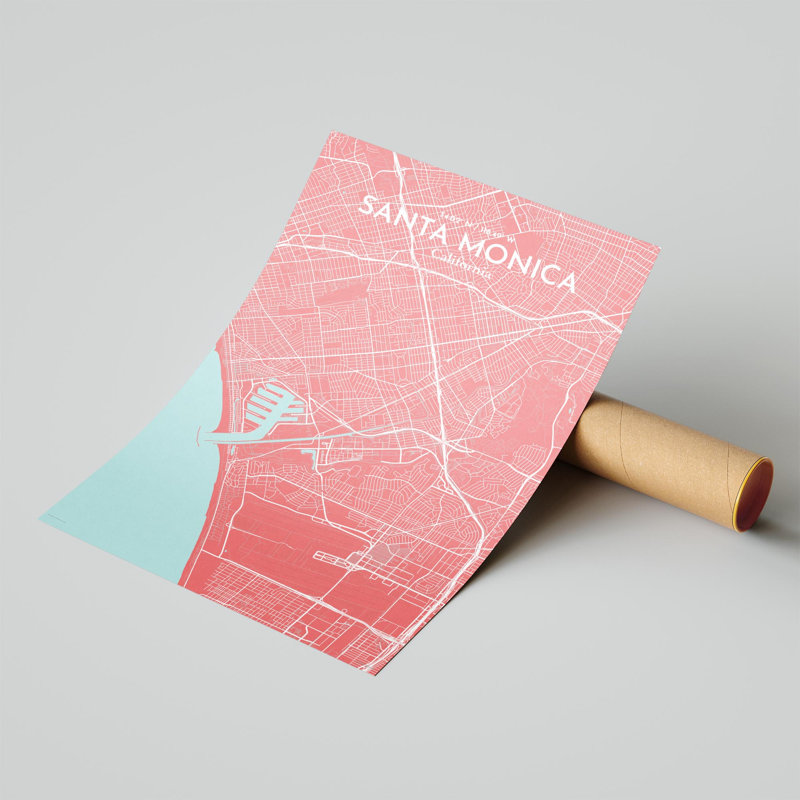 Santa Monica, carte de la ville, impression, H 17 po x l 11 po, Rose / bleu bébé