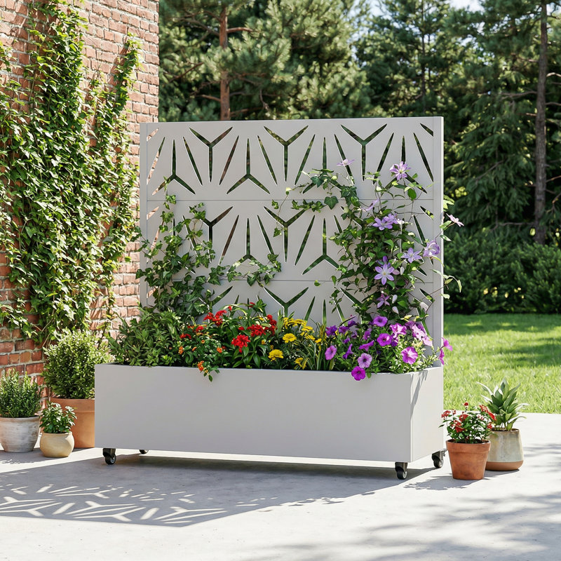 Metal Planter Box with Trellis with Wheels, 47" H x 47" W x 16" D, White