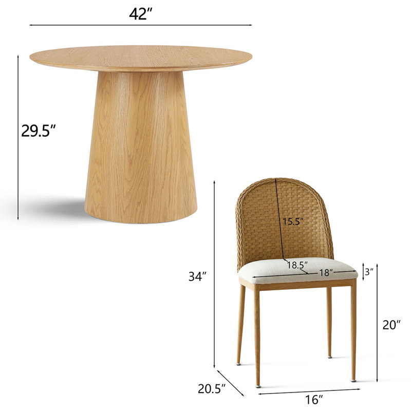 5-Piece Coastal Dining Set with 42" Round Oak Pedestal Table & 4 Rattan Chairs