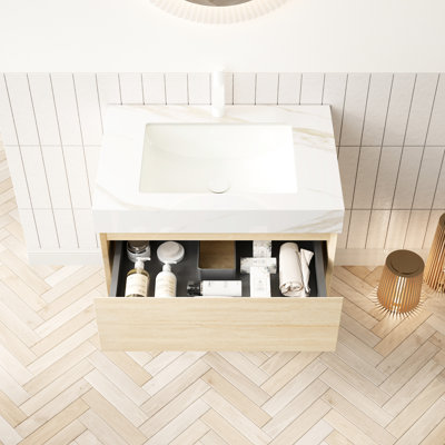 Meuble-lavabo de salle de bain 30 po avec lavabo en céramique incrusté et plateau en pierre frittée, rangement flottant en contreplaqué, tablette de tiroir, lavabo à bande à détection automatique, armoire de rangement, rangement, conduit, plateau