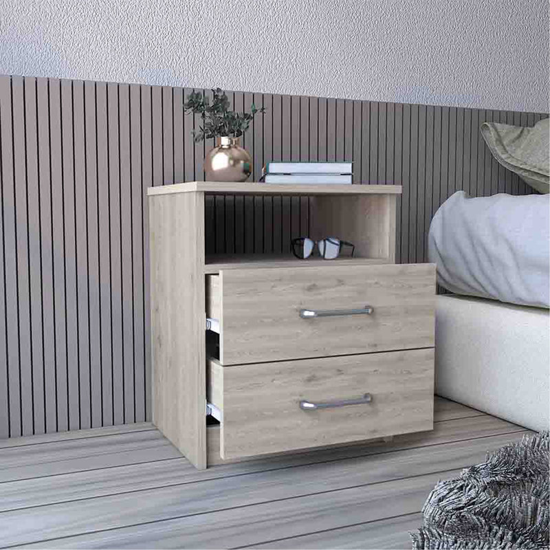 Nightstand Olienza, Two Drawers, One Shelf, Light Grey Finish, Light Grey