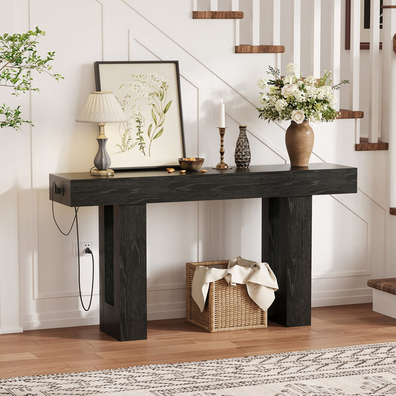 160cm Solid Wood Console Table, Black, Black