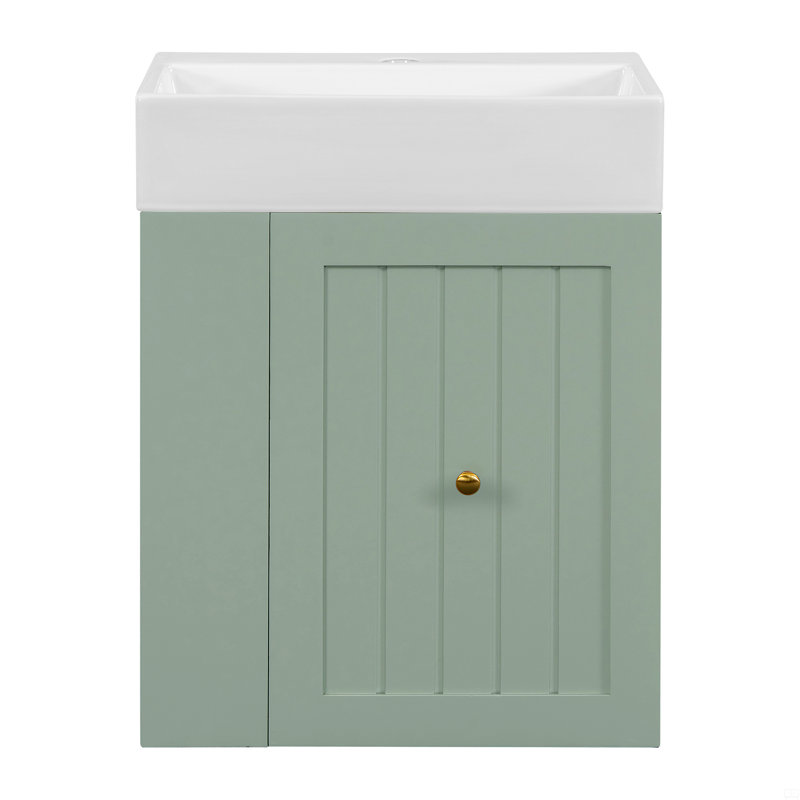 Meuble-lavabo de 20 po avec lavabo en céramique, poignée dorée et tablettes de rangement latérales, Vert