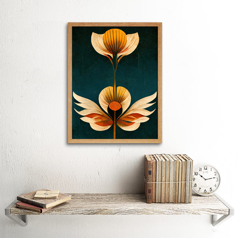 Bold Art Deco Abstract Tulips - Print, 43cm H x 33cm W x 2cm D, Light Brown Framed Paper