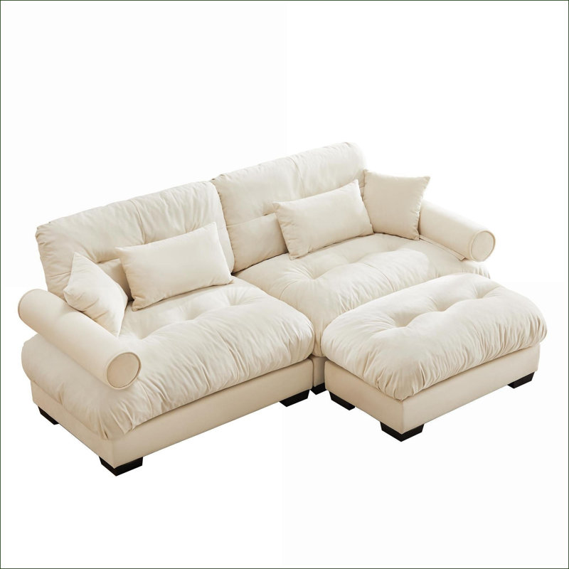 Canapés-lits, petit canapé moderne en forme de L avec repose-pieds 2 places, pour le salon, la chambre, le loft | Velours | Crème