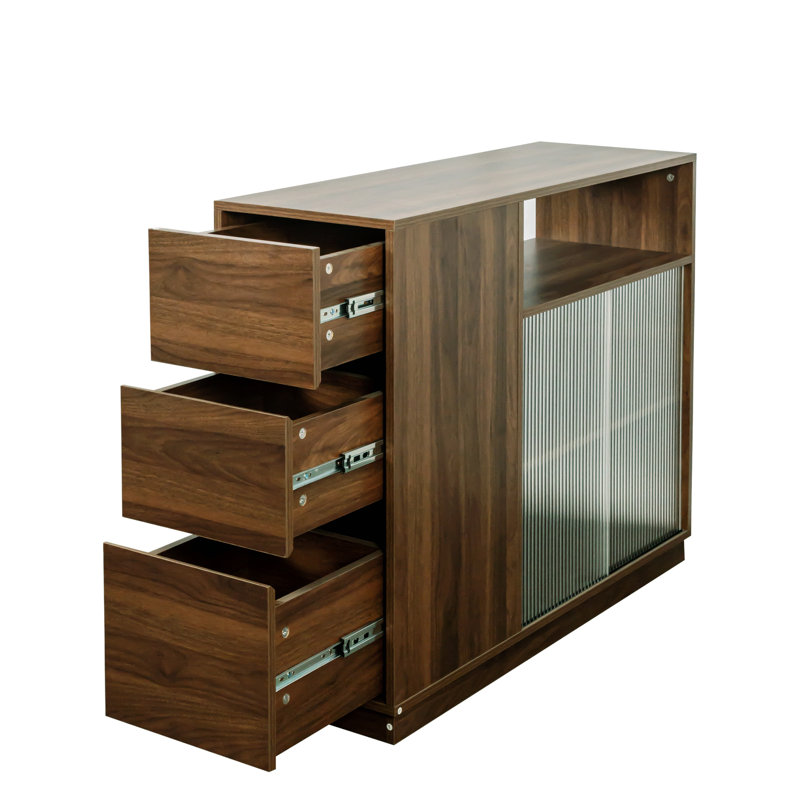 Buffet de cuisine compact avec 2 portes coulissantes en verre, 3 tiroirs et 1 tablette de présentation, idéal pour le rangement organisé et la décoration moderne