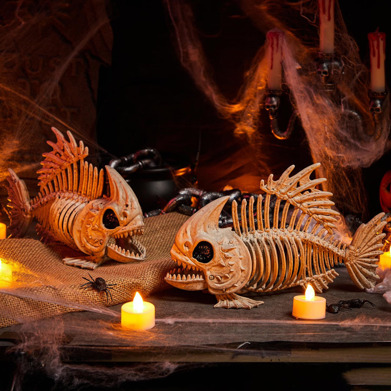 2 PCS 9.5 Halloween Poseable Fish Skeleton Decor, Animal Plastic Bones with Posable Joints for Halloween Indoor Outdoor Decorations Party Props, Yard Patio Lawn Garden Props Decor