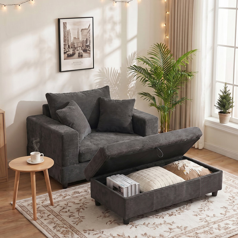 Boneless Modern Corduroy Upholstered Sofa Chaise Lounge Chair With Removable Ottoman, Gray, Storage Ottoman