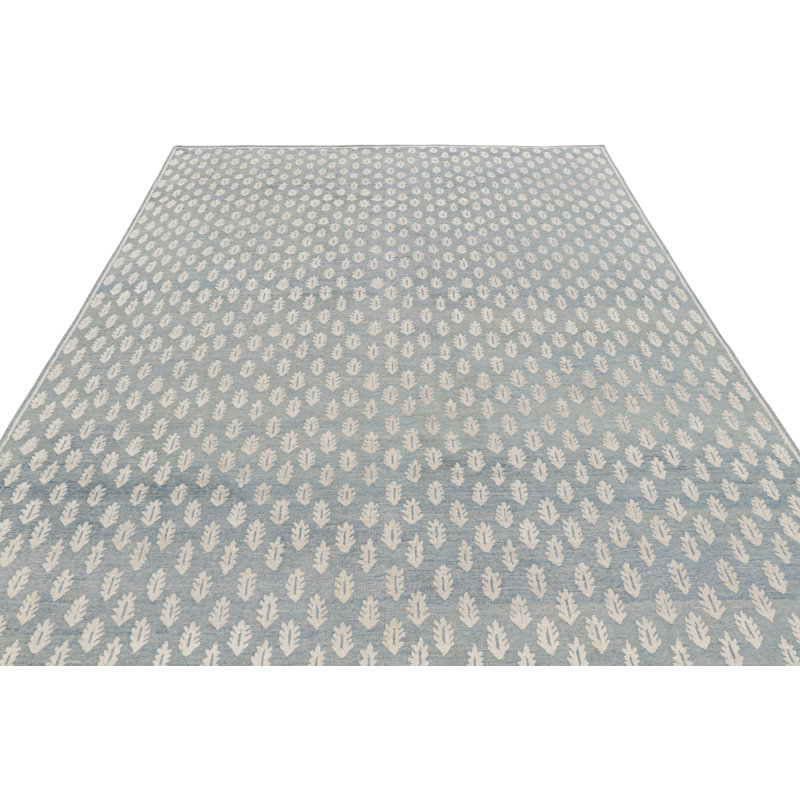 Rug & Kilim’S Modern Block Print Rug In Blue With White Floral Pattern, Rectangle 10' x 14'