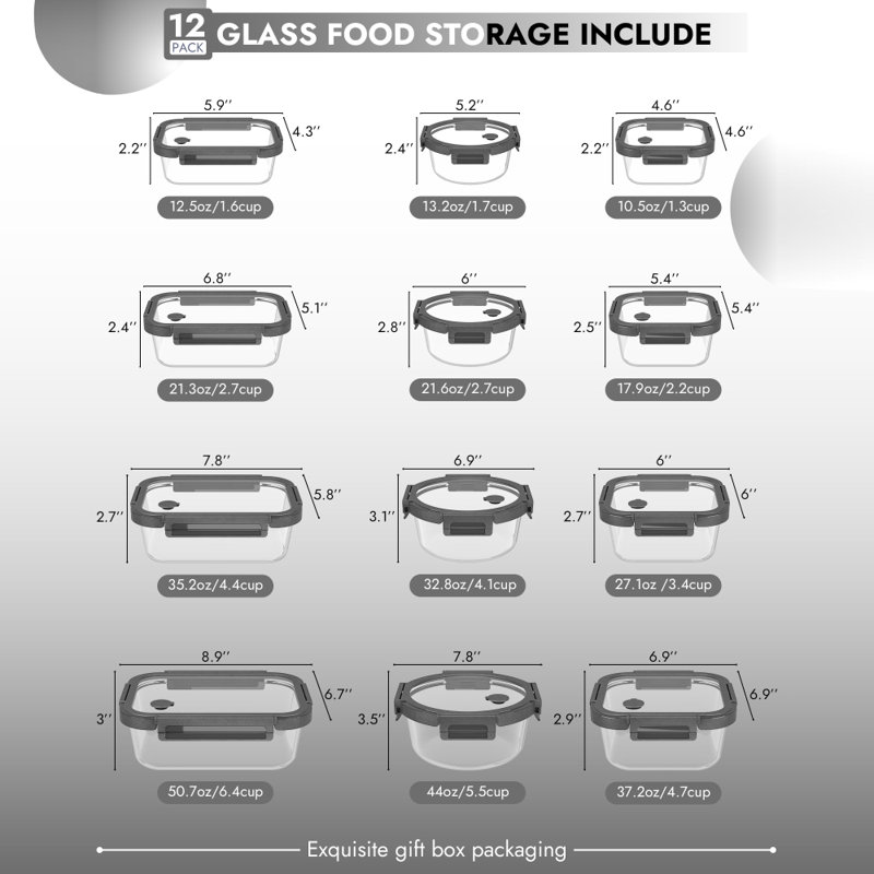 Contenants de préparation de repas en verre trempé hermétique avec couvercle, Gris