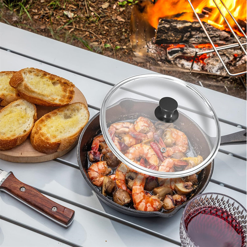Poêle en fonte pré-assaisonnée avec couvercle, batterie de cuisine allant au barbecue, noir, 8"