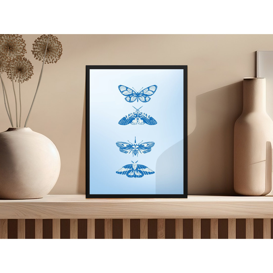 Four Butterflies and Moths Silhouette Art Blue Framed Poster