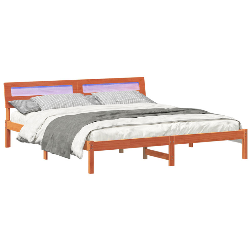 With LED Strip Lights With Headboard Wax Solid Pine Wood, Super King (6'), Wax Brown