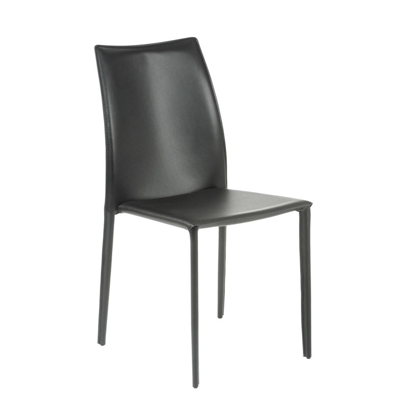 Two Pieces of Irmingard Premium All Black Leather Match Stacking Dining Chairs, Black, Black
