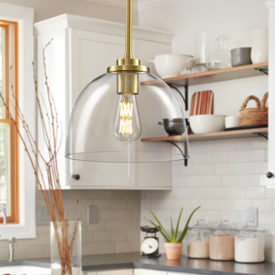  1-Light Kitchen Island Pendant Light with Dome Glass Shade, Height Adjustable