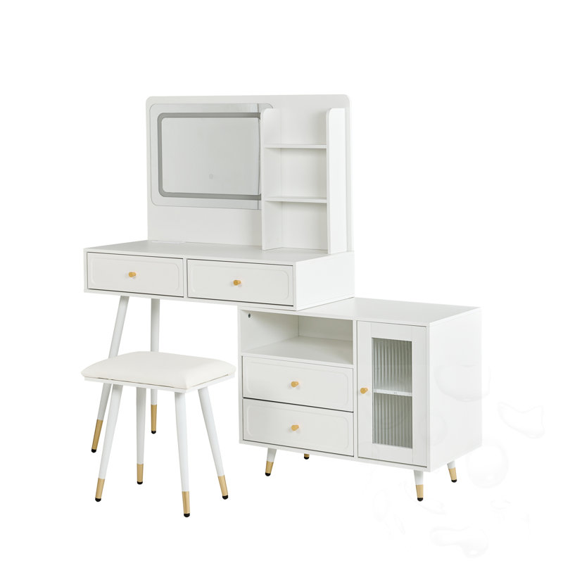 Meuble-lavabo avec miroir, tiroirs et armoire de maquillage, Blanc