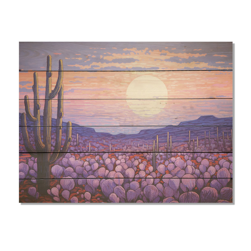 Paysage de lavande cactus - Art mural en bois de cactus sur bois de pin naturel, H 10 po x l 20 po
