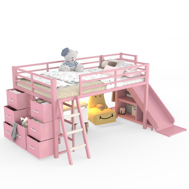 Lit mezzanine simple en métal avec glissière et échelle, lit mezzanine pour enfants avec tiroirs de rangement, tringle suspendue et lumières DEL - Cadre de lit peu encombrant pour les adolescents, rose