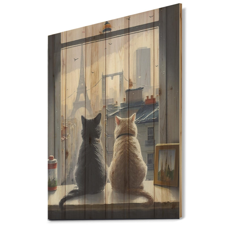 Deux chats à Paris III - impression sur bois sans cadre, H 40 po x l 30 po x P 1,5 po