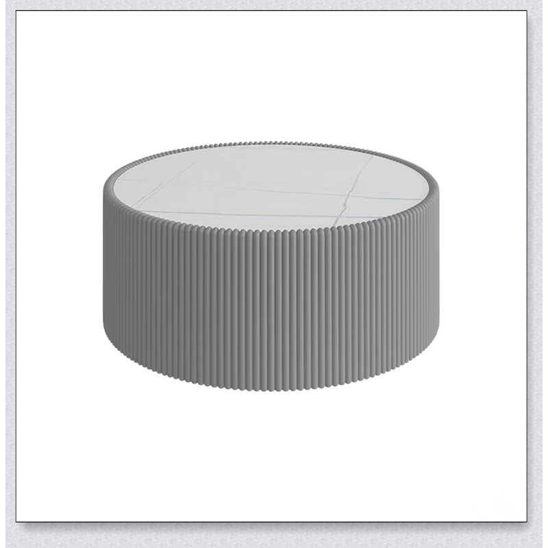 Luxueuse table basse cylindrique en cuir avec plateau en marbre clair pour mobilier de salon moderne, Gris