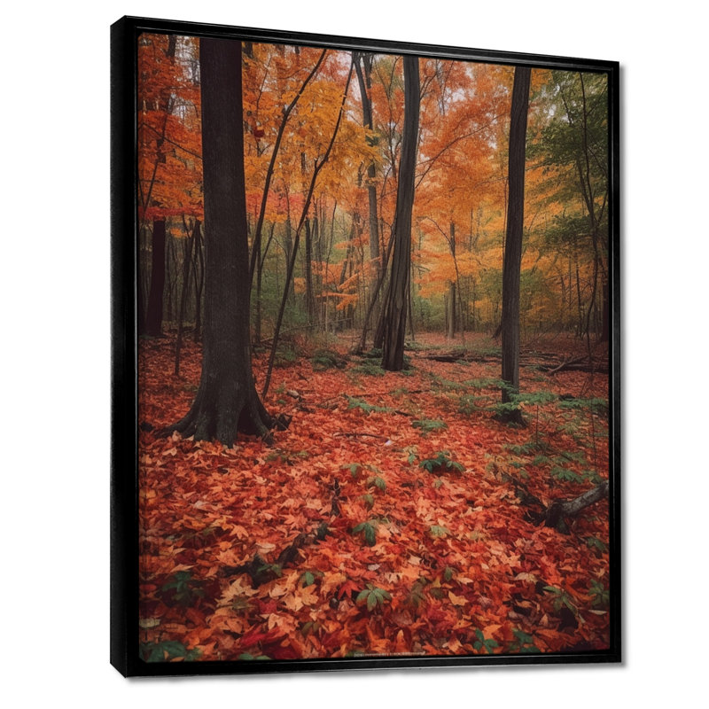 Feuilles d'automne dans la forêt d'érable - décoration murale arbre séquoia, Cadre flottant noir, bois massif