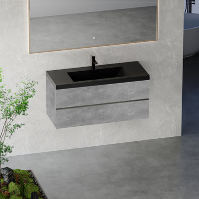 Meuble-lavabo flottant 48 po avec lavabo, armoire de rangement murale avec lavabo à quartz noir et tiroirs à fermeture en douceur entièrement assemblés, gris ciment Edi-Series