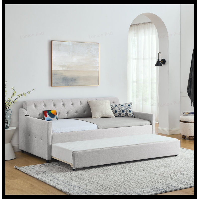 Twin Size Upholstery DayBed with Twin Size Erectable Trundle and USB Charging Design, Linen Beige, Beige