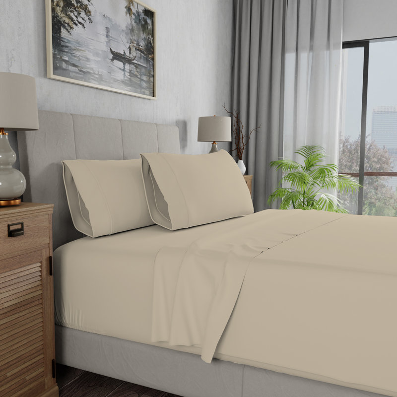 Beige Queen Cotton Deep Pocket Sheet Set with Pillowcases