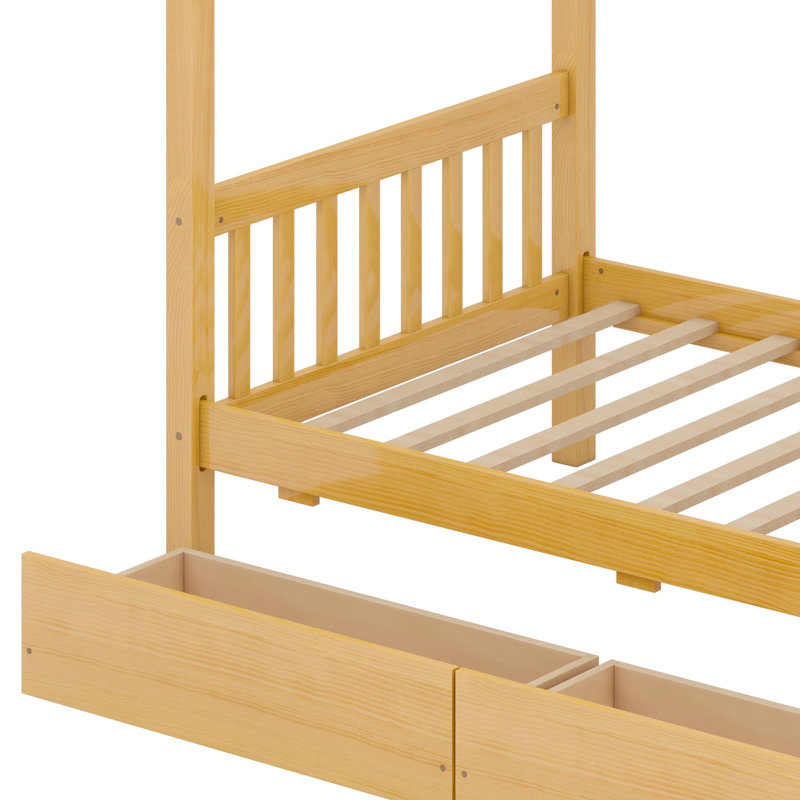 Wooden House Bed with Drawers, Natural