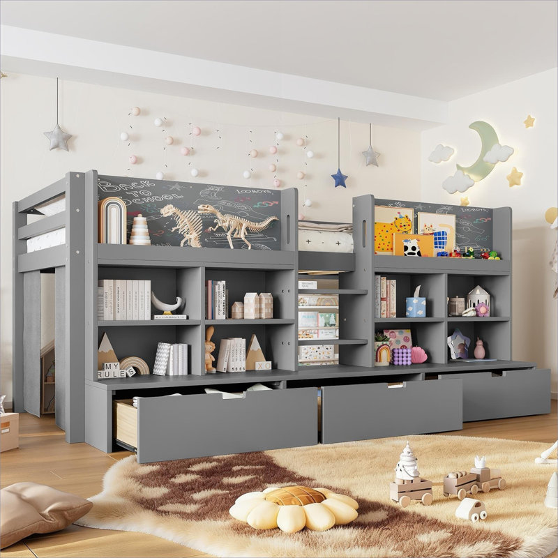 Solid Pine and Plywood Low Loft Bed for Kids Bedroom, Gray-Toned Twin XL With Built-in Storage And Play Corner